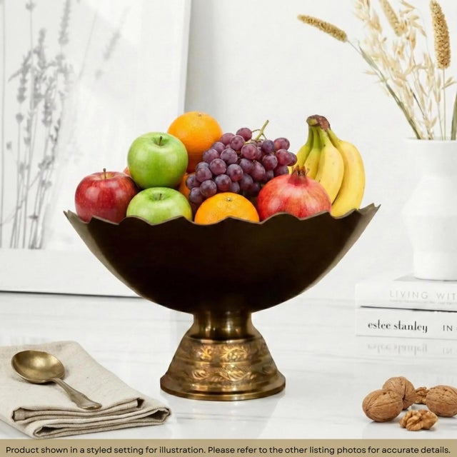 Dimensions: 9" W X 9" D X 5" H This vintage brass bowl is handcrafted by artisans using basic hand tools. Due to the...