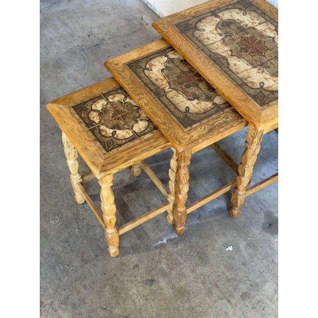Brown Oak Tile Top Nesting Tables Set of 3 Danish Mid-Century Modern Side Tables 1970s For Sale - Image 8 of 9