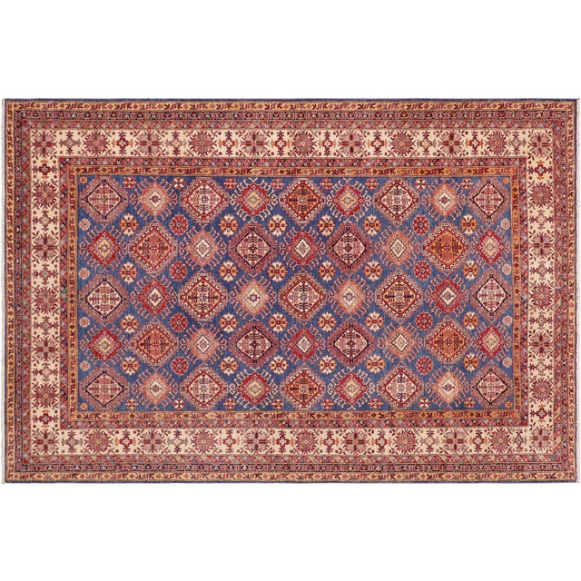 Bohemian Super Kazak Blue/Beige Wool Rug - 9'1'' X 12'7'' For Sale - Image 9 of 10
