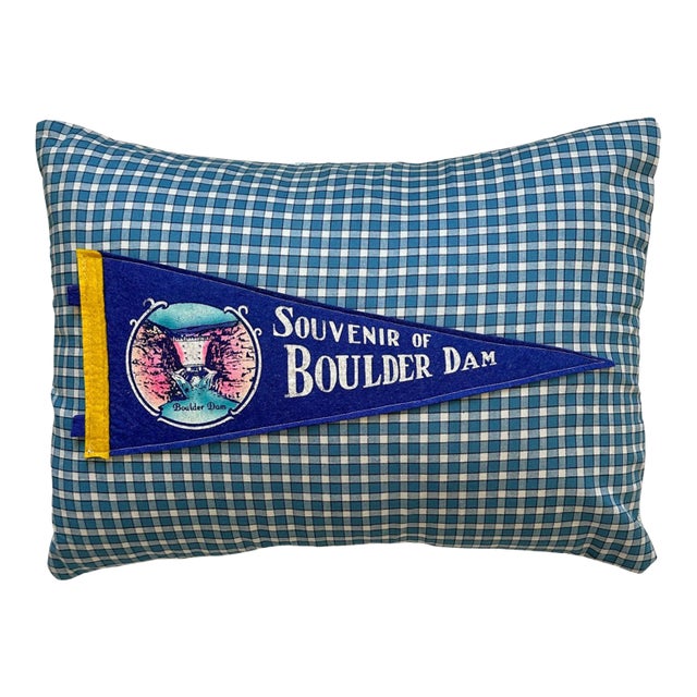 Arizona Hoover Dam Boulder Dam Vintage 1940s Pennant on New Woven Throw Pillow For Sale