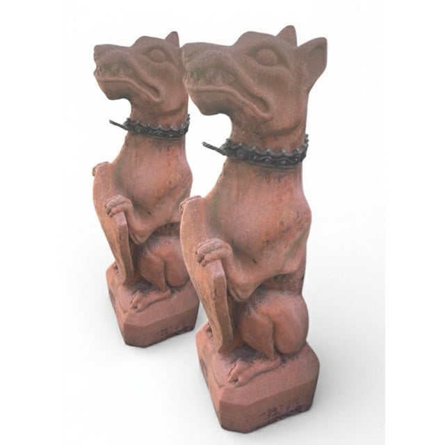 Elevate your home or garden with this imposing pair of Gothic Revival guardian statues. These seated "hellhounds" or...