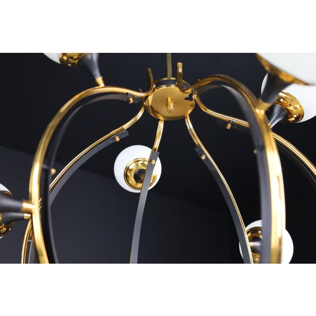 Mid-Century Chandelier in Brass and 12 Opaline Globes from Stilnovo, Italy 1950s For Sale - Image 15 of 17