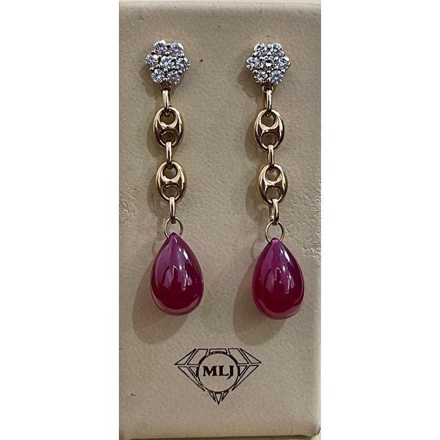 Ruby Red 45 Carat Ruby Drop and Diamond Hanging/Chandelier Earrings 14 Karat Yellow Gold For Sale - Image 8 of 18