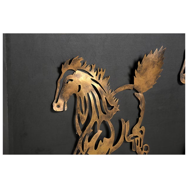 Boho Chic Vintage Gold Metal Horse Wall Art on Black Wood Frame | Equestrian Running Stallion Sculpture | Modern Ranch Decor | Horse Lover Gift For Sale - Image 3 of 3