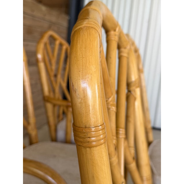 Wood Set of Six Vintage Boho Rattan Dining Chairs With Chippendale Style Lattice Backs For Sale - Image 7 of 12