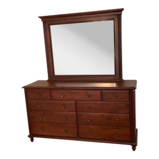1980s Vintage Durham Furniture Solid Cherry Dresser and Plantation Mirror Saville Row For Sale