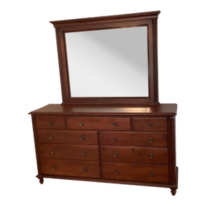 1980s Vintage Durham Furniture Solid Cherry Dresser and Plantation Mirror Saville Row