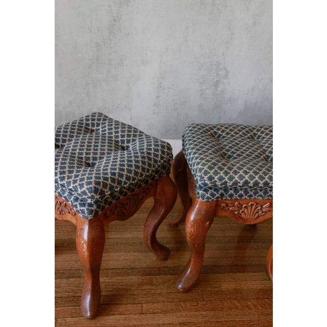 Set of 3 Antique Hand Carved Solid Walnut Stools With Perfect Upholstery For Sale - Image 11 of 13