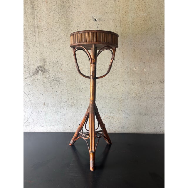 Late 20th Century Vintage Coastal Handcrafted Bamboo & Cane Pedestal Plant Stand For Sale - Image 5 of 6