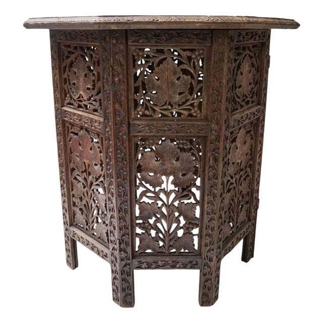 Bohemian Eastern Anglo-Indian Hand Carved Wooden Octagonal Side Table, 1900s For Sale