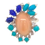 Image of 14k White Gold Cocktail Ring With Lapis Lazuli, Coral & Turquoise Size 6.75 For Sale