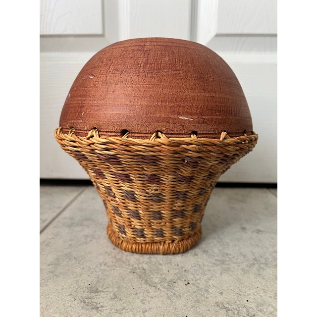Early 20th Century Vintage Handcrafted African Ghanaian Terracotta Pot With Woven Wicker Overlay For Sale - Image 5 of 9