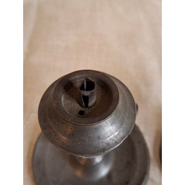 Pair Antique Pewter Whale Oil Finger Lamps Single Tube Drop Burners C. 1830-1850 For Sale - Image 10 of 18