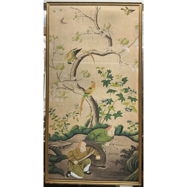 Beautiful antique Chinese hand painted wall paper panel mounted on board and framed.