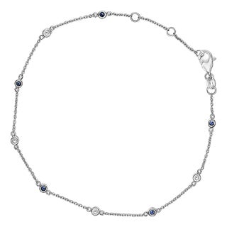 14K White Gold Alternating Blue Sapphire and White Diamond Bezel Station Chain Bracelet (I-J Color, SI2-I1 Clarity) - 8" Inches For Sale