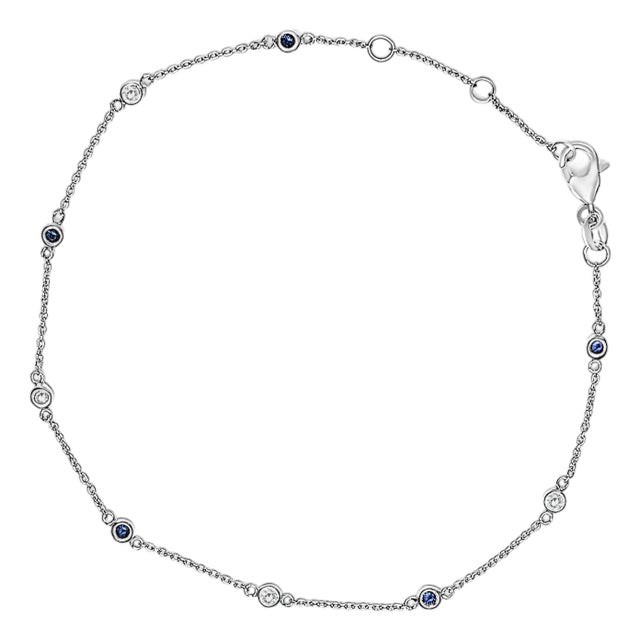 14K White Gold Alternating Blue Sapphire and White Diamond Bezel Station Chain Bracelet (I-J Color, SI2-I1 Clarity) - 8" Inches For Sale