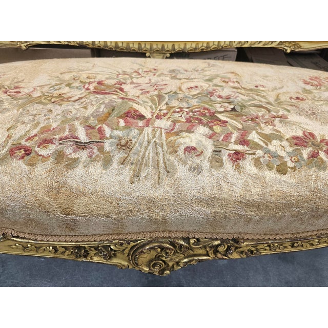 Louis XV Style French Carved & Tapestry Upholstered Aubusson Settee Circa 1890s For Sale - Image 4 of 16