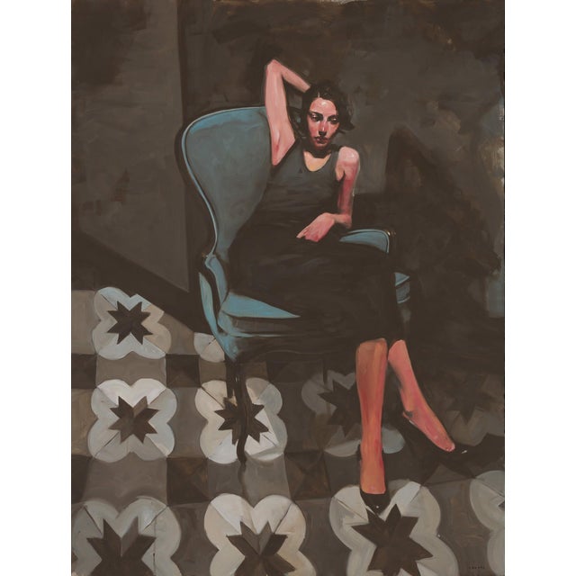 Italian Chair by Michael Carson | Oil on Panel Woman sitting in a blue chair on a patterned floor. For Sale