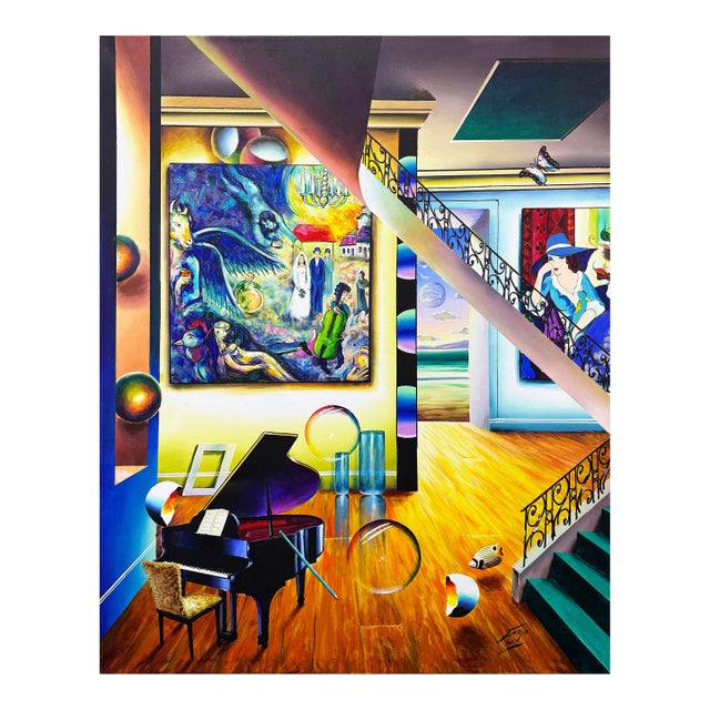 Ferjo, Homage to Chagall, Huge Original Painting on Canvas, Hand Signed, Surrealism For Sale