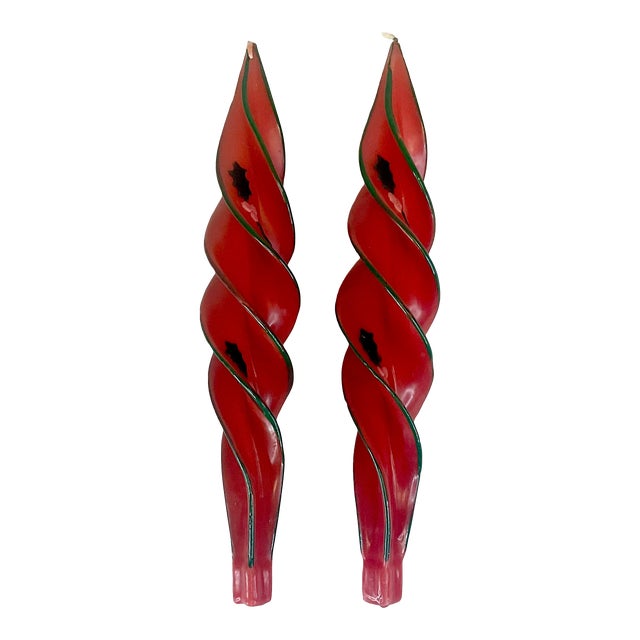 Mid-Century Boho Chic Christmas Red Spiral Holly Candles - A Pair. For Sale