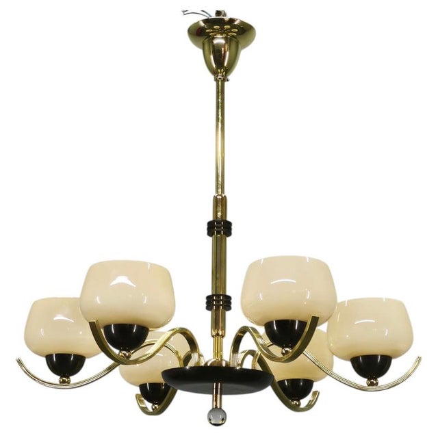 Italian Brass Chandelier with Opaline Glass Shades, 1950s For Sale - Image 17 of 17