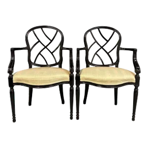 1980s Pair of Century Furniture Chinoiserie Black Lacquer Armchairs