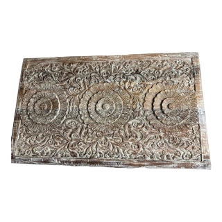 Vintage Whitewashed Lotus Carved Wall Panel Headboard – Reclaimed Wood Boho Wall Art For Sale