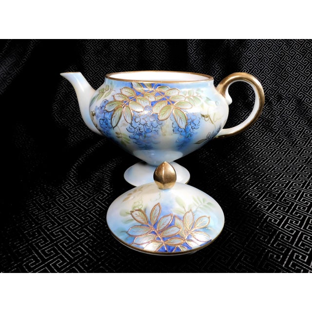 Contemporary 1970s Shofu Japan Footed Blue Teapot With Grapes and Raised Gold Trim For Sale - Image 3 of 7