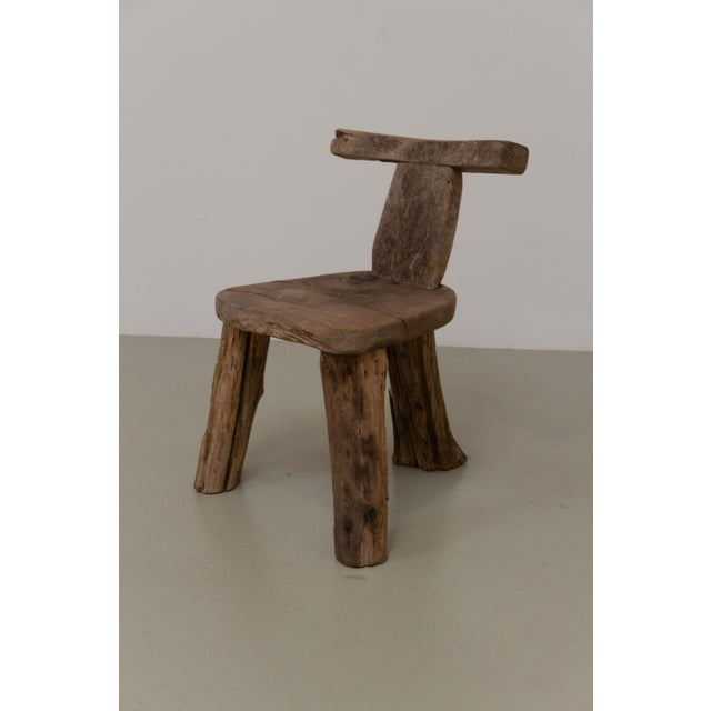 Primitive Weathered Elm T Tripod Side Chair, Denmark 1970s. Extremely decorative carved folk art chair in solid elmwood...