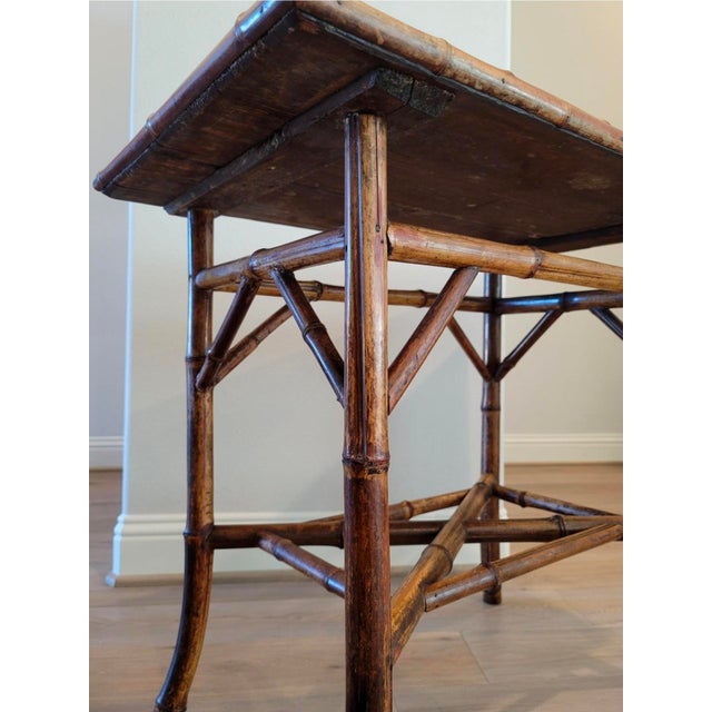 19th Century Victorian Era Chinoiserie Japonism Bamboo Burgundy Red Ceramic Tiled Tray Table For Sale - Image 11 of 17