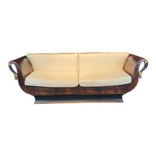 French Empire Walnut Curvy Sofa With Gilded Swans and New Upholstery For Sale