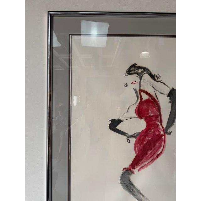 1980s 1980’s Vintage Fashion Illustration Painting – Red Dress Figure, Framed Under Glass For Sale - Image 5 of 12