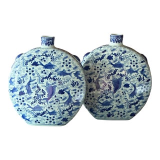 Pair of 1950s Blue & White Koi Fish Vases For Sale