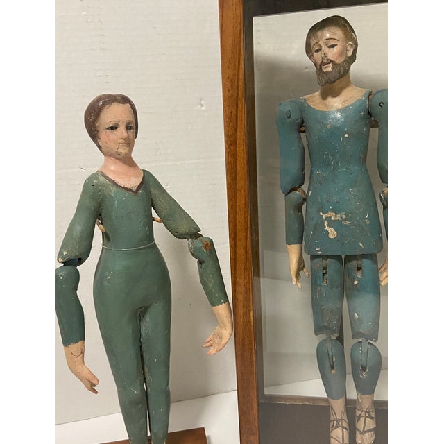 19th Century Santos Spanish Colonial Articulated Polychrome Wood Sculpture A Pair These are called Capipote ( procession...