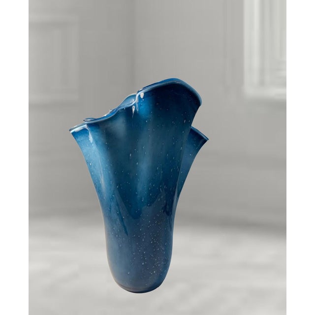 Early 21st Century Large Blue Murano Ruffled Art Glass Vase For Sale - Image 5 of 12