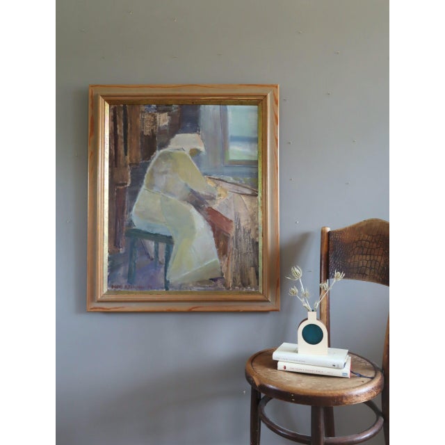Mid-Century Modern 1955 Mid-Century Modern 'A Moment to Herself' Vintage Swedish Figurative Oil Painting, Framed For Sale - Image 3 of 12