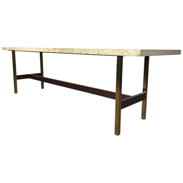 Travertine Walnut and Brass Cocktail Table Designed by Phillip Enfield For Sale