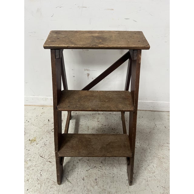 Wood Three-Step Library Staircase in Patinated Beech, 1900s For Sale - Image 7 of 9