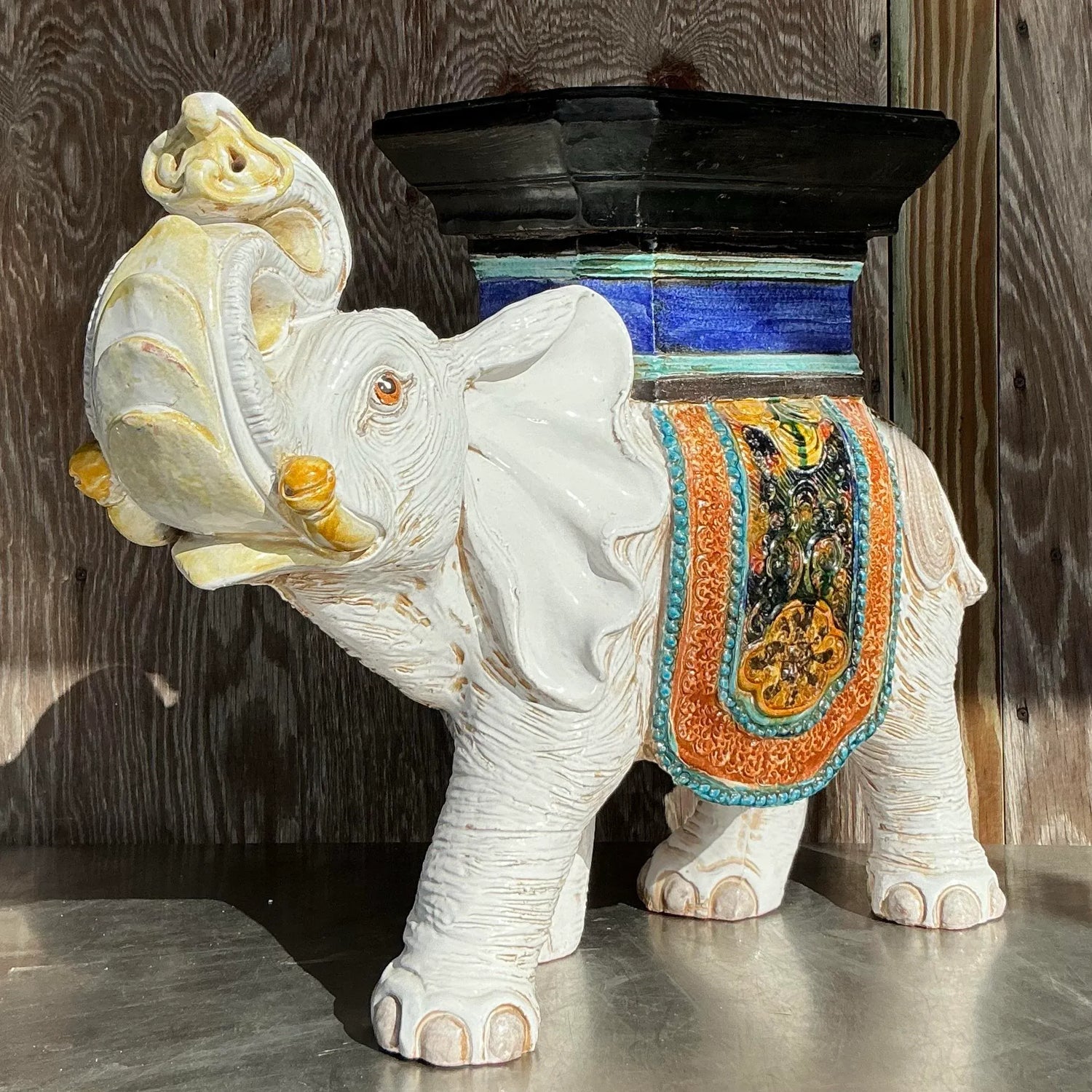 Vintage Boho Glazed Ceramic Elephant Low Stool - Detail view