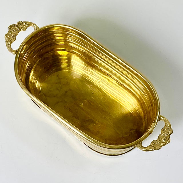 Mid-Century Boho Chic Hollywood Regency Arts & Crafts Oval Bras Planter With Flora Cast Handles For Sale - Image 4 of 11
