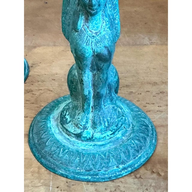 Vintage Patinated Metal Winged Sphinx Candelabras - Pair For Sale - Image 10 of 12