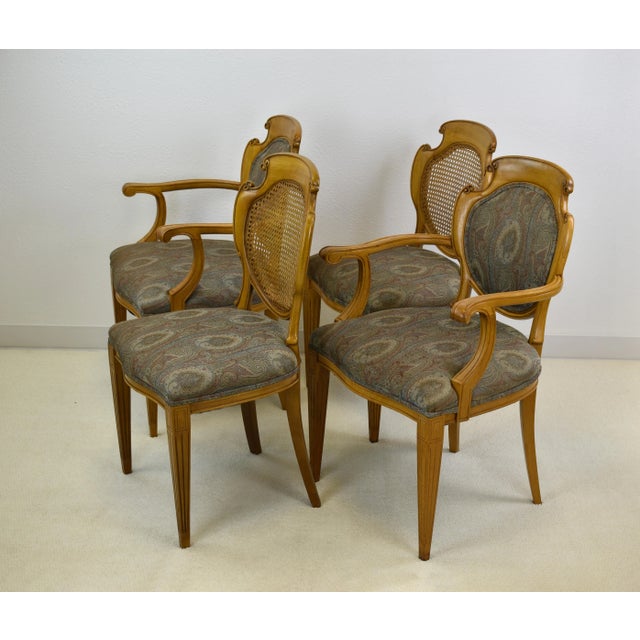 1950s Vintage Louis XVI Style Country French Provincial Solid Oak Cane & Upholstery Back Fluted Legs Chairs - Set of 4 For Sale - Image 4 of 12
