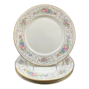 Vintage Lamberton Ivory China Floral and Gold Rimmed Dinner Plates - Set of 4 - Made in Usa
