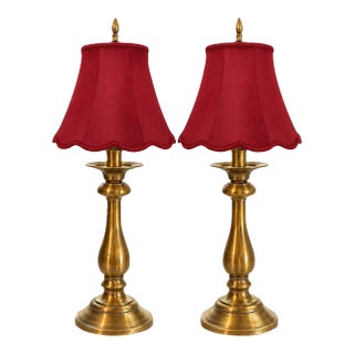 Vintage Stiffel Brass Candlestick Table Lamps With Red Scalloped Shades - Pair For Sale