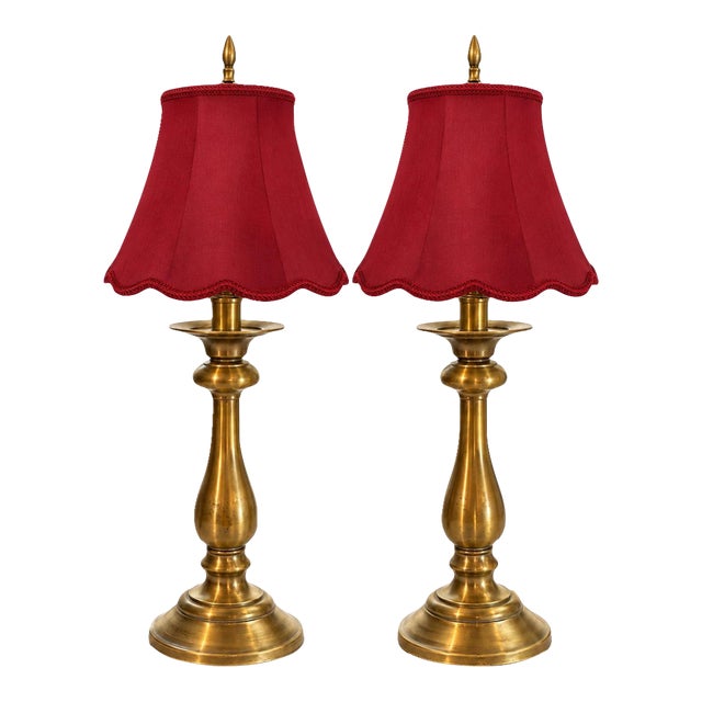 Vintage Stiffel Brass Candlestick Table Lamps With Red Scalloped Shades - Pair For Sale