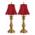 Vintage Stiffel Brass Candlestick Table Lamps With Red Scalloped Shades - Pair For Sale