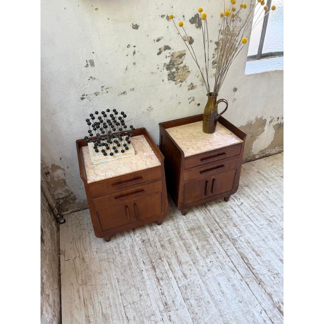 Vintage Art Deco Oak Bedside Tables with Marble Top, 1940s, Set of 2 For Sale - Image 11 of 18