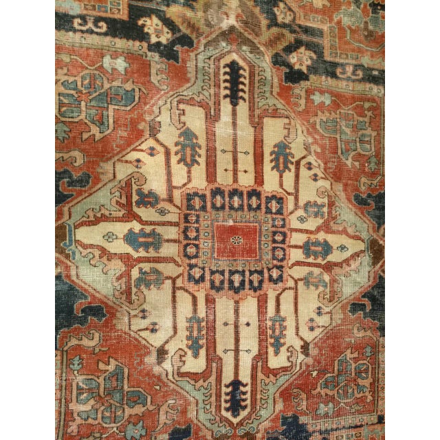 19th Century Antique Persian Heriz Serapi Rug, Hand-Knotted Wool, Geometric Medallion Pattern, Ivory & Rust-Red, 10x12 For Sale - Image 5 of 11