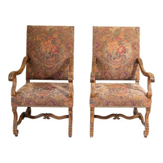 Pair of Louis XIV Style Walnut Armchairs With Aubusson-Style Floral Upholstery For Sale