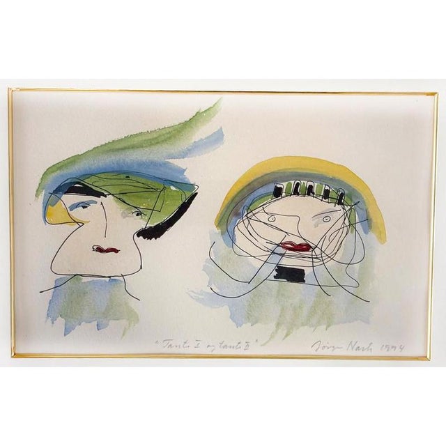 Jørgen Nash Watercolor "Aunt 1 and Aunt 2" Signed Jørgen Nash 1994 in lead. Presented in a gold frame, dimensions: 33 x 21...